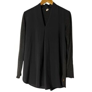 Lucy Womens Black Mixed Media‎ V-Neck Long Sleeve Pleated Tunic Top Size M